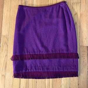Nicole Miller tweed skirt. Fringe is burgundy.
